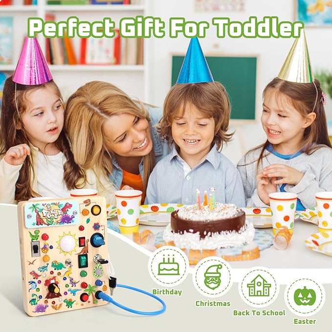 Dinosaur Busy Board with LED Light,Montessori Toy for 1+ Year Old,Engaging Sensory Board for Fine Motor Skills,Gifts & Travel Toys for Toddlers 1-3,Busy Board Plus Version.