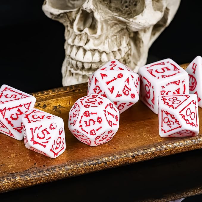 7-Die DND Dice Set Halloween Pattern Polyhedral Dice Set with Leather Bag, Skull Die D&D Die for Dungeons and Dragons RPG Table Games (Halloween Pattern-White/Red Number)