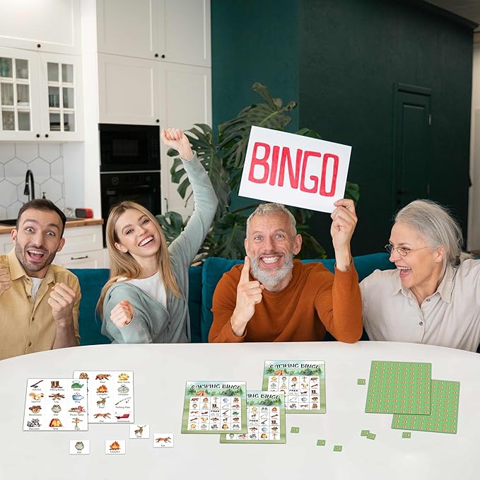 Camping Bingo Games - Camp Adventure Party Bingo Card - 24 Players Bingo Game Set for Adult Family Friends Colleagues - School Classroom Outdoor Activities - Nature Party Favors Supplies -C09
