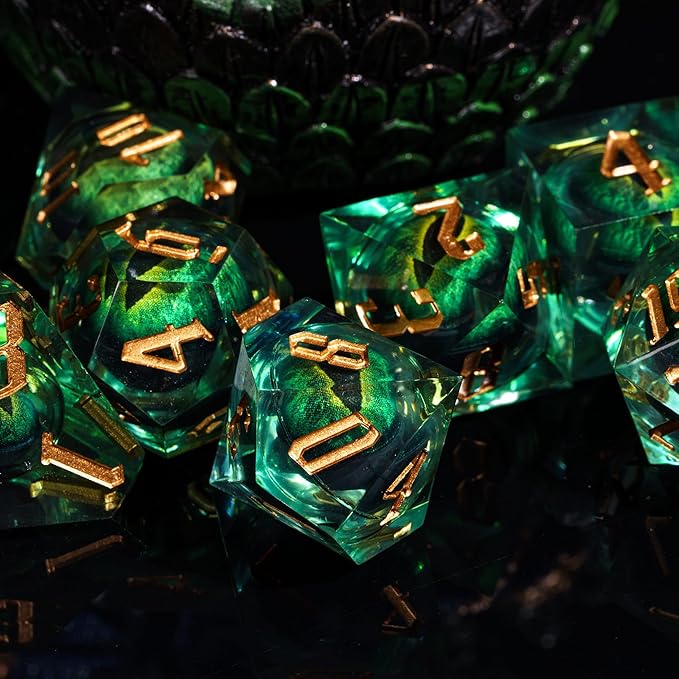 7PCS DND Dice Set,Dragon Eye Liquid Core Sharp Edge Dice Set RPG Polyhedral Die,for Dungeons and Dragons TTRPG Games Roleplaying Games Pathfinder,with Gift Box(Eyeball Green)