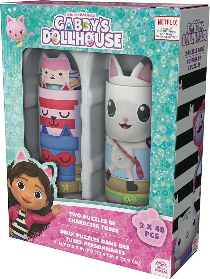 Spin Master Games Gabby’s Dollhouse, 2-Puzzle Pack 48-Piece Jigsaw Puzzles in Character Storage Tubes Gabby’s Dollhouse Toys Kids Puzzles, for Preschoolers Ages 4 and up
