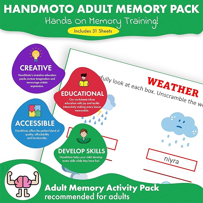 HandMoto Adult Memory Games Activity Pack – Memory Games for Seniors Education & Learning Activity Sheets, Fun Alphabet & Writing Workbooks for Adults & Kids, Kindergarten Workbooks for Handwriting