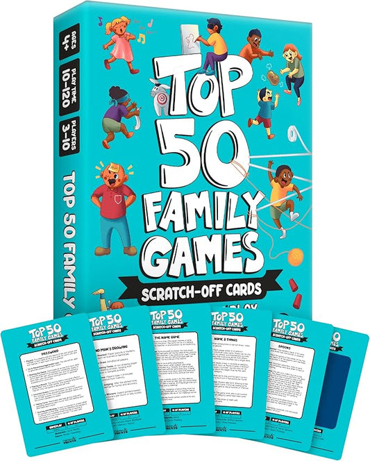 Top 50 Games for Kids, Teens, & Adults - 50 in 1 Reusable Scratch Off Fun - Card Games for Families - Cool, Funny Family Game Night Gift - All Ages, 4+, 8-12, 12+