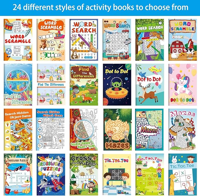 24 Mini Activity Books for Kids Party Favors ages 4-8 8-12,Fun and Challenges include Mazes, Dot to Dot,Word Search, Word Scramble and More for Goodie Bag Stuffer Classroom Activity