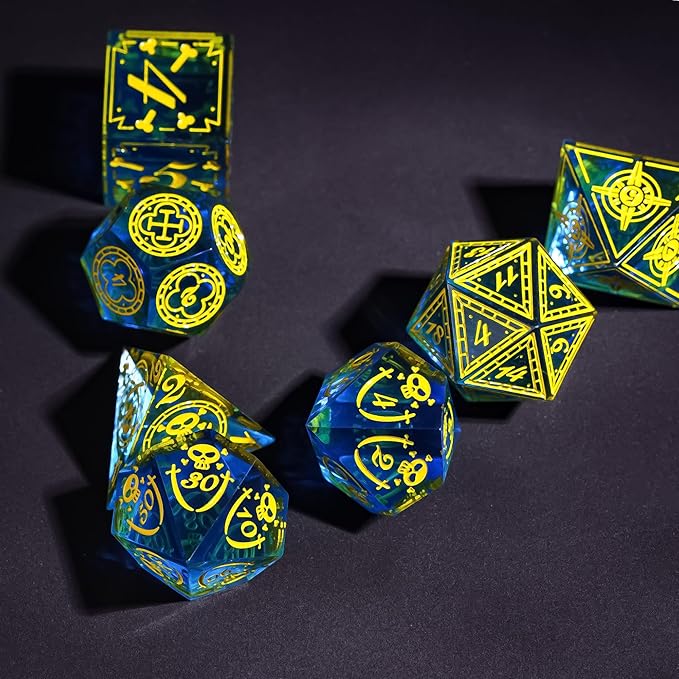 Cusdie 7-Piece Sharp Edges DND Dice Set with Pirate Design - Perfect for Tabletop RPGs Board Games Gifting and Collecting(Blue w/Yellow Pirate Pattern)