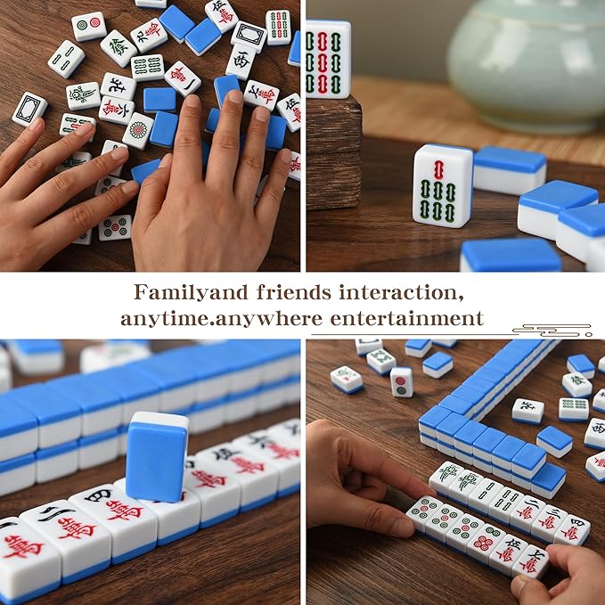 Traditional Mini Chinese Mahjong Game Set 144 Tiles, with Portable Handbag, Tile Size - 2.4 * 1.5 * 1.1 cm (1.0 * 0.6 * 0.5 inches)(中国蓝色麻将)