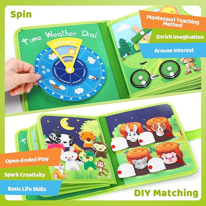 Busy Book for Toddlers 1-3，Montessori Plane Toys Busy Board for 1 Year Old with Fishing Game Finger Puppet Motor Skill，Educational Learning Quiet Activity Sensory Book, 1 2 3 4 Boy Girl Birthday Gift
