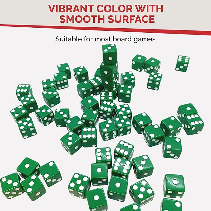 MR CHIPS D6 Standard 16 mm Opaque Dice with Pip Dots - 100 Pack - Green