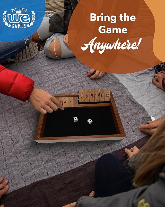WE Games Wooden Shut The Box - Close The Box Set with 12 Number Tiles & 2 Dice Games - 13.5” Walnut Stained Finish