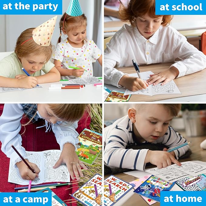 24 Mini Activity Books for Kids Party Favors ages 4-8 8-12,Fun and Challenges include Mazes, Dot to Dot,Word Search, Word Scramble and More for Goodie Bag Stuffer Classroom Activity