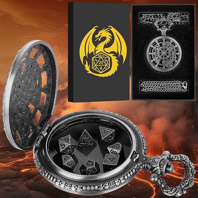 Mini DND Dice Set with Steampunk Dark Silver Hollow Gear Pocket Watch Shell Case, 7pcs Polyhedral Metal D&D Dice, DND Gifts with Gift Box for DND Lovers, Role Playing Board Games Accessories