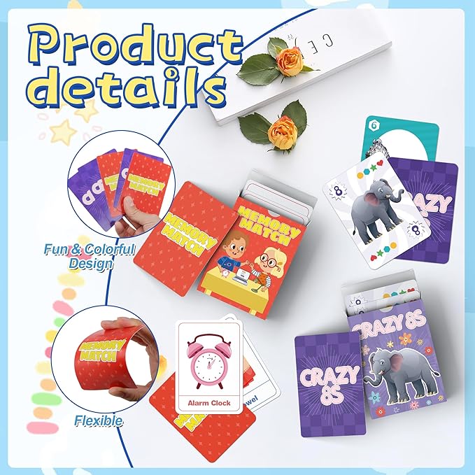 Card Game, Card Games for Kids Ages 4-8, Easy to Learn, Easter Basket Stuffers Gifts Ideal, Fun for Family Game Night Party Travel Preschool Classroom (Memory Match & Crazy 8s)