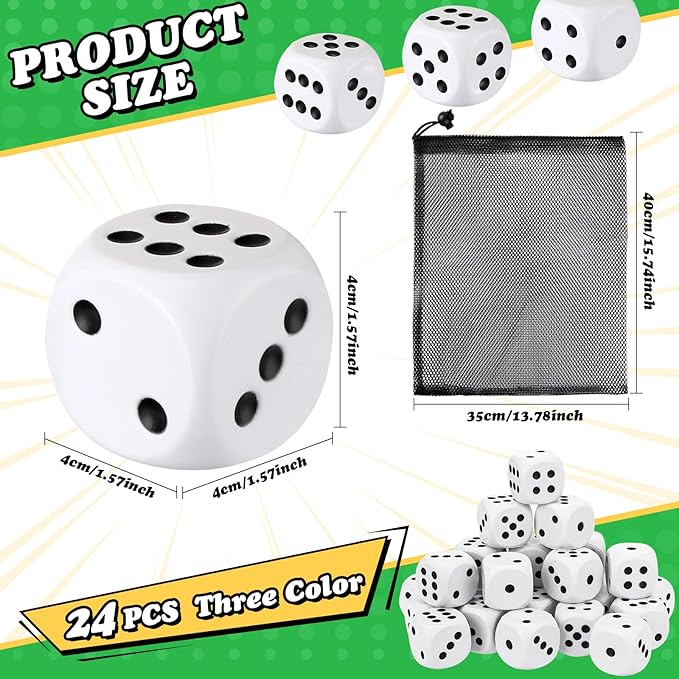 24 Pcs Foam Dice Stress Ball 1.57 Inch Fake Soft Slow Dot Stress Anxiety Relief Dice Toys for Kids Adults Board Game Casino Themed Decoration Party Pool Toy Favors School Supplies