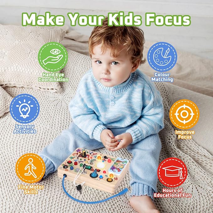 Dinosaur Busy Board with LED Light,Montessori Toy for 1+ Year Old,Engaging Sensory Board for Fine Motor Skills,Gifts & Travel Toys for Toddlers 1-3,Busy Board Plus Version.