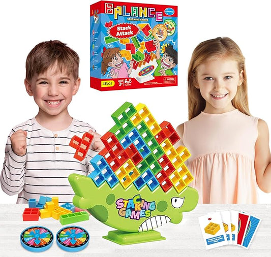 iYuePeng 48Pcs Dinosaur Stack Attack Building Balance Game, Swing Stack Board Game with Cards for Kids Age 3+, Drop The Pile of Blocks Toys for Kids & Adult, 2 Players, Family, Parties, Travel