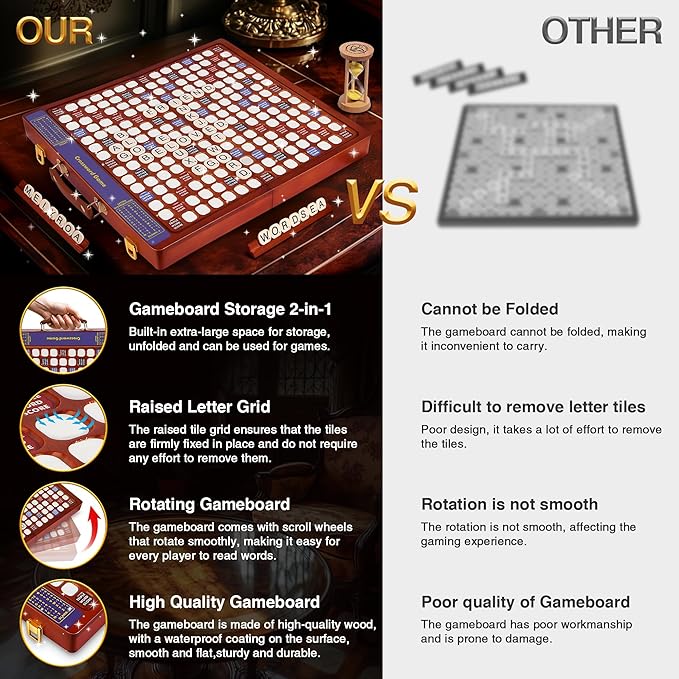 Crossword Game with Rotating Wooden Board, Foldable Board into Portable Carry Case, Luxury Edition Word Building Game with 100 Letter Tiles, Educational Family Board Game for 2-4 Players