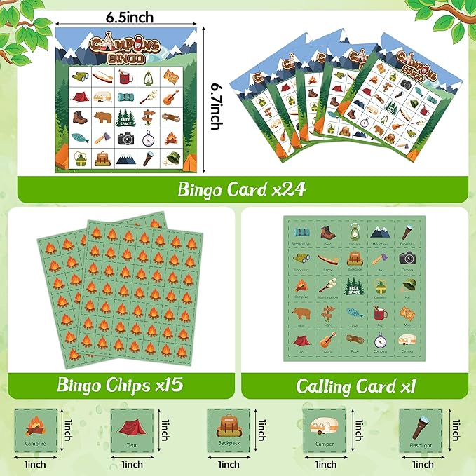 41Pcs Camping Bingo Game Cards for Kids - Camp Adventure Party Games with 24 Players - Jungle Bingo Cards Chips for Kids Family Travel Indoor Outdoor Activities School Classroom Birthday Supplies