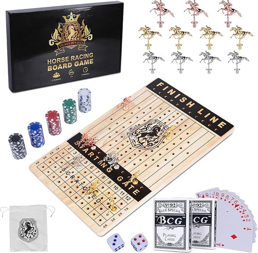 Horse Racing Game - Exciting Horse Race Board Game with Cards, Dice, Metal Horses & Poker Chips - Perfect for Parties, Game Nights & Bonding - Includes Wooden Board, Playing Guide & Storage Bag
