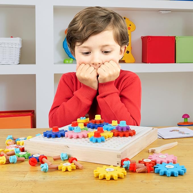 Montessori Gear Puzzle Game, Wooden Colorful Gears and Screws, Montessori-Inspired Learning, Educational Learning & Fine Motor Skills, for 3 4 5 6 7 8 9 Year Old