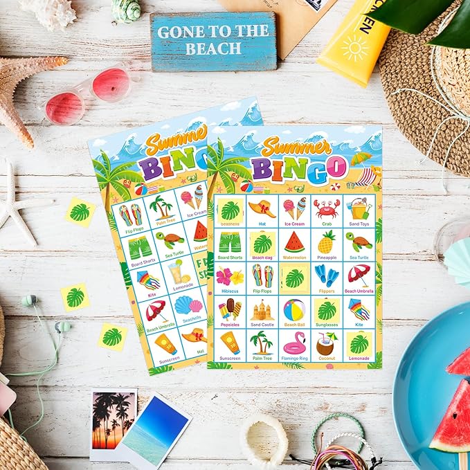 24 Players Summer Bingo Game Cards for Kids Summer Party Games for Hawaiian Tropical Beach Luau Party Favors School Party Games