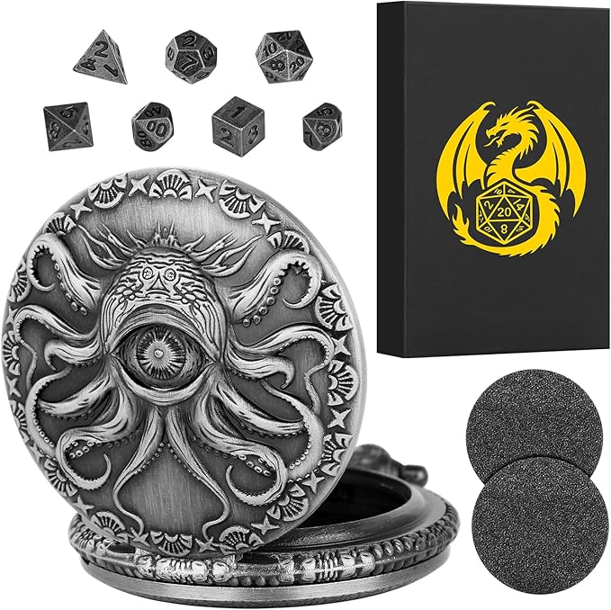 Mini DND Dice Set Steampunk One-Eye Octopus Pocket Watch Case, 7-Piece Polyhedral Metal D&D Dice Set, DND Gifts with Gift Box, Role Playing Board Game Accessories Dice, Dark Silver
