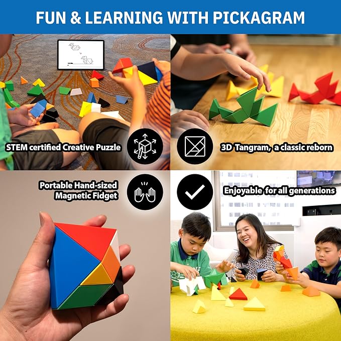 Pickagram Tangrams for Kids Ages 8-12 & Adults 3D Magnetic Tangram Fidget Puzzle: STEM Certified Magnetic Pattern Blocks (Orange)