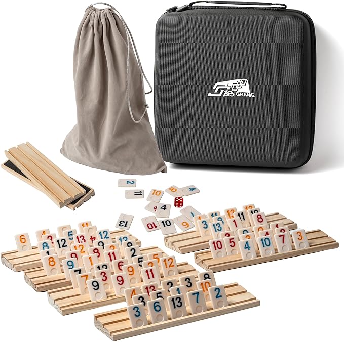 6-8 Players Rummy Cube Game with 8 Wooden Card Stands, 214 Colorful Rummy Cards, Exquisite Portable Box and Velvet Bag, Suitable for Family Gatherings and Travel Game Sets