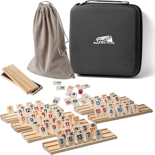 6-8 Players Rummy Cube Game with 8 Wooden Card Stands, 214 Colorful Rummy Cards, Exquisite Portable Box and Velvet Bag, Suitable for Family Gatherings and Travel Game Sets