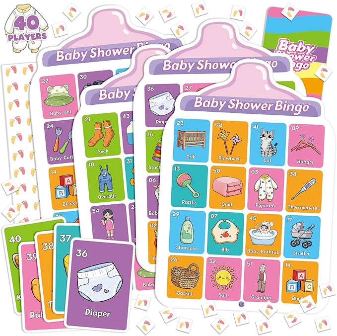 Baby Shower Games for Girl or Boy - 40 Bingo Cards, Activities for Adults and Kids, Party Ideas