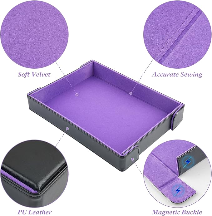 PU Leather Dice Tray Magnetic Folding Dice Rolling Mat with Purple Felt Lining for Dice Games Portable Tabletop Board Games Tray
