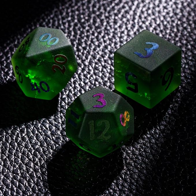 UDIXI Green Cracked Glass DND Dice Set, 7PCS Glass RPG Polyhedral Dice Set with Colorful Number for Dungeons and Dragons D&D Tabletop Game