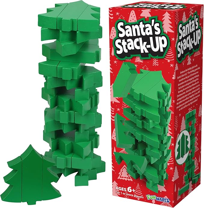 Funwares Wooden Blocks Stacking Game, Tumbling Tower and Balance Game, Family & Party Fun, Game for Kids and Adults, Ages 6+, Santa’s Christmas Tree Stack-Up, Christmas Tree Wood Blocks Stacking Game