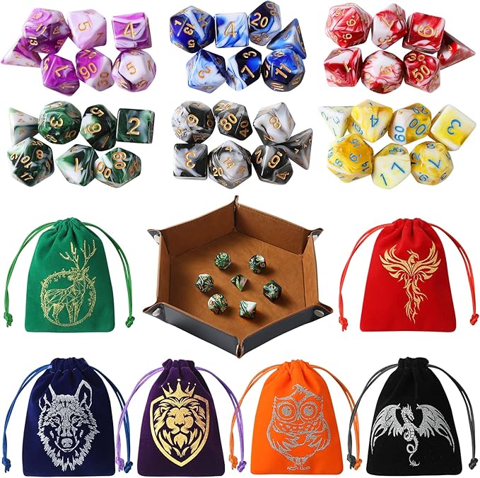 DND Dice Set, 42 Pcs Role Playing Dice Set with 6 Colorful Animal Pattern Dice Bag and PU Leather and Velvet dice Tray for Dungeons and Dragons D&D RPG MTG Table Games Mixed White