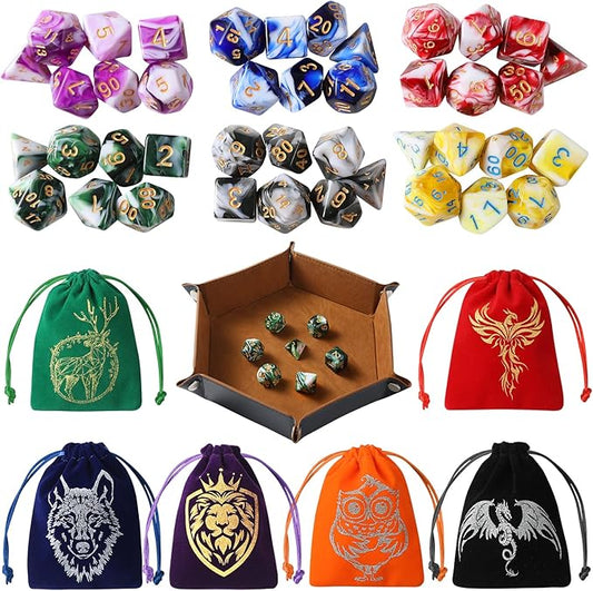 DND Dice Set, 42 Pcs Role Playing Dice Set with 6 Colorful Animal Pattern Dice Bag and PU Leather and Velvet dice Tray for Dungeons and Dragons D&D RPG MTG Table Games Mixed White
