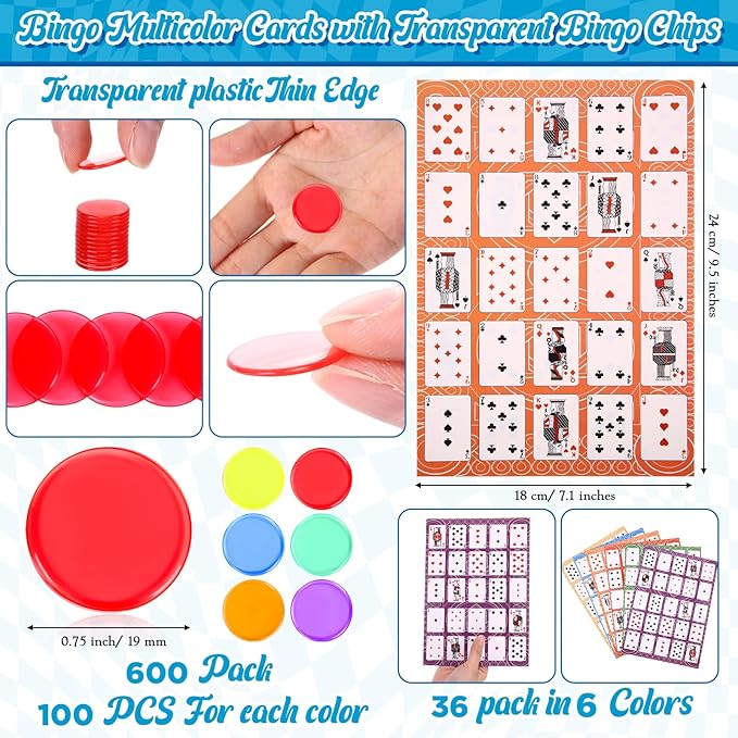 Zubebe 642 Pack Poker Keno Game Set, 36 Two-Sided Boards, 600 Transparent Scoring Chips, 6 Deck of Multicolor Playing Cards, Poker Bingo Set Keno Board Game for Gathering Activity Family Casino Night