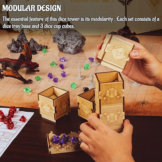 DND Modular Dice Tower Wood Laser Etched 12 Cute Classes Dice Roller Perfect for Board Game and Tabletop RPG (Modular)