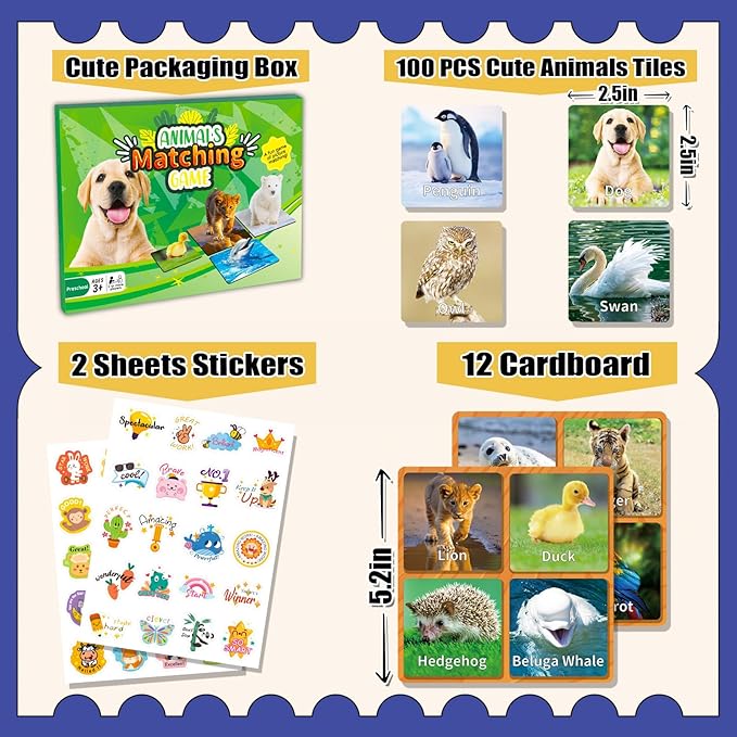 Animal Matching Game for Kids 100PCS Memory Card Game for Toddlers Preschool Learning Activities Memory Matching Cards Boys Girls Family Board Game