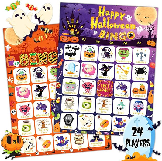 Halloween Bingo Cards, 24 Players Halloween Bingo Game for Kids Adults with Punny Stickers Cute Party Game for Family Classroom Large Group