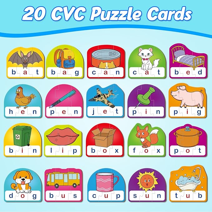 CVC Puzzle Cards for Kids - CVC Word & Phonics Games, Speech Therapy Toys for Toddlers - 3 Alphabet Letter Word Puzzles, Learning Spelling Games - Preschool Kindergarten Classroom Must Haves