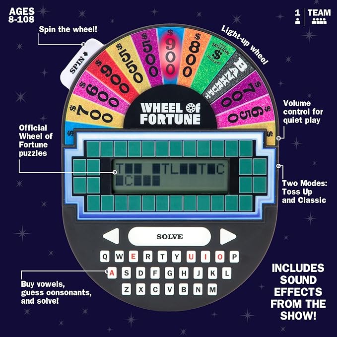 Educational Insights Wheel of Fortune Game - Handheld Electronic Game, Great for Travel, Classic Retro Party Games for Kids, Teens & Adults, Word Puzzle Challenge & Entertaining Gift for Ages 8+