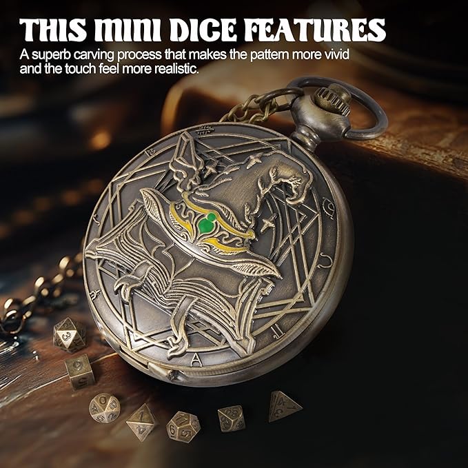 D&D Dice Set,7PCS Metal Dice for Dungeons and Dragons,Mini Dice Set with Pocket Watch Case,Role Playing Board Games Accessories (Wizard, Bronze)
