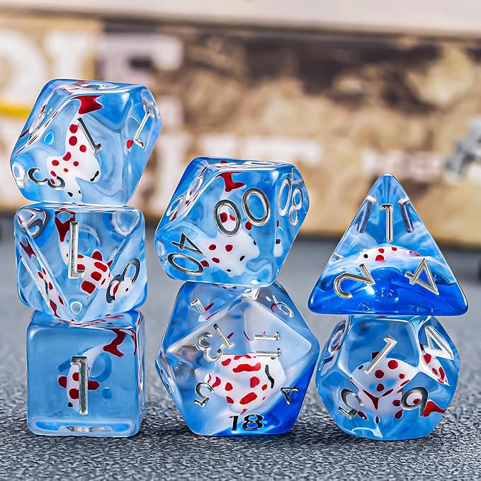 Red Fish Resin D&D Dice Set, Polyhedral Dice for Dungeons and Dragons Role Playing Games (D20, D12, D10, D8, D6, D4)