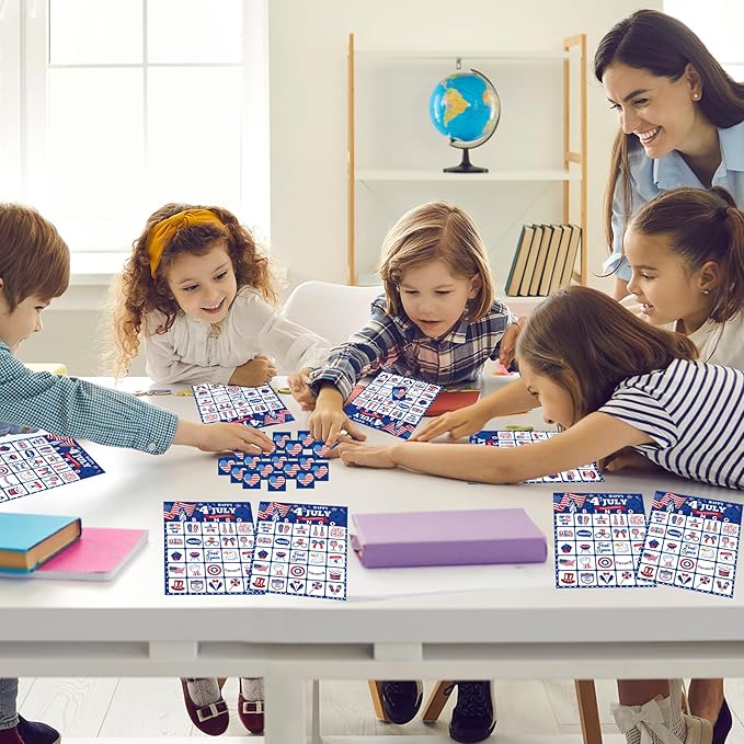 4th of July Games for Kids 4th of July Bingo Cards Red White and Blue Bingo with 24 PCS 4th of July Players Cards Patriotic Games for Adults Children Activities Supplies Favors Decorations
