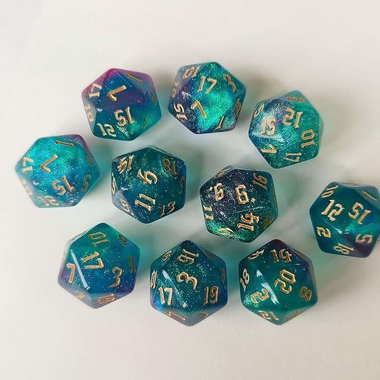 10PCs D20 Polyhedral Dice Set 22mm for DND RPG MTG Dungeons and Dragons Dice (Cyan+Purple)