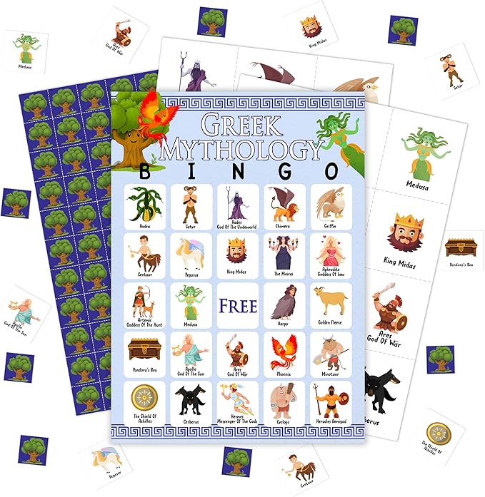 Greek Mythology Bingo Games, Ancient History Travel Trip Bingo Cards, Greek Theme Party Game for Adults Family, Christmas Party Activities, 24 Bingo Sets, A005