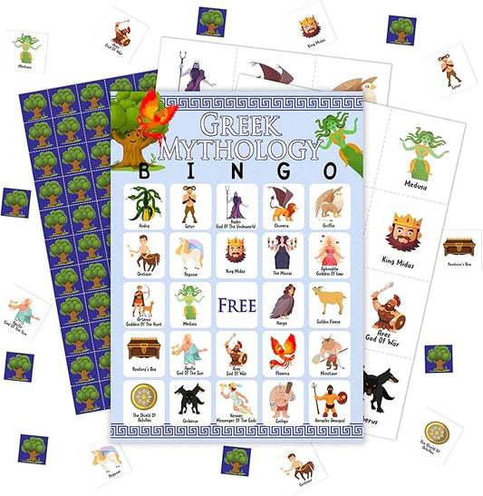 Greek Mythology Bingo Games, Ancient History Travel Trip Bingo Cards, Greek Theme Party Game for Adults Family, Christmas Party Activities, 24 Bingo Sets, A005