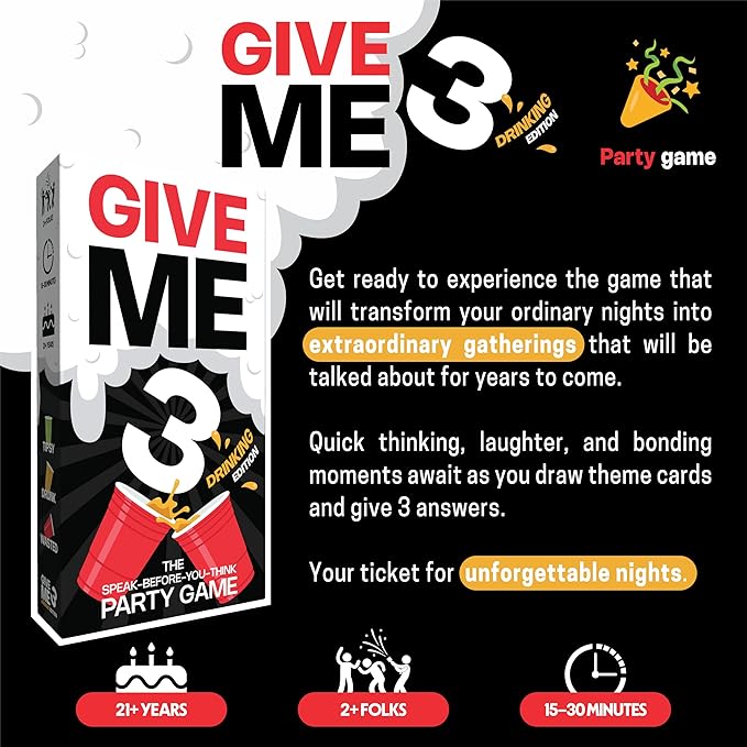 GIVE ME 3 Card Game - Hilarious Adult Drinking Games | 2+ Players | 10 Second Rule