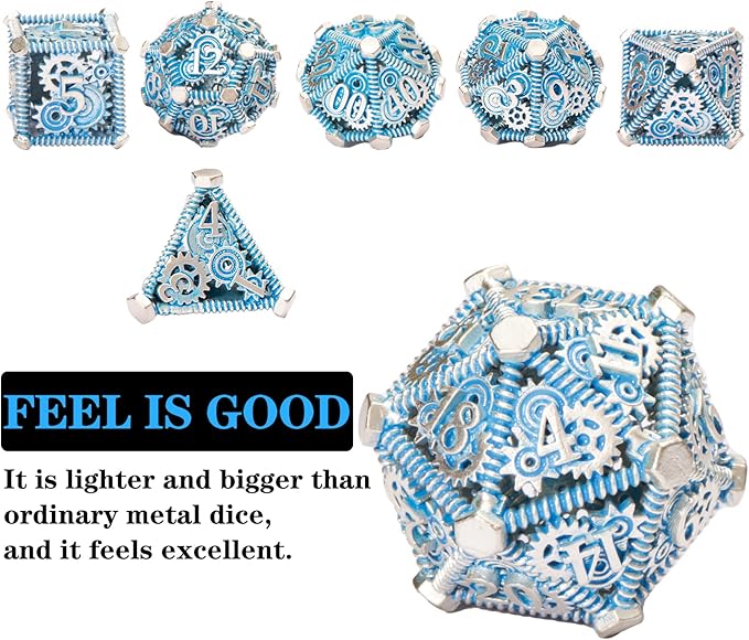 DND Metal Dice Set, UBEUCK 7PCS Gear Metal DND Dice Set for Dungeons & Dragons Board Games Boxes(Gear Solid Blue)