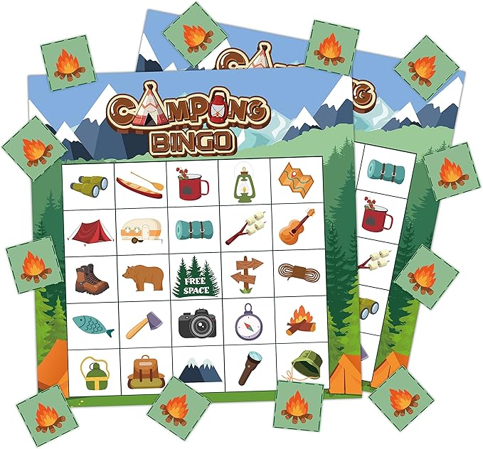 41Pcs Camping Bingo Game Cards for Kids - Camp Adventure Party Games with 24 Players - Jungle Bingo Cards Chips for Kids Family Travel Indoor Outdoor Activities School Classroom Birthday Supplies