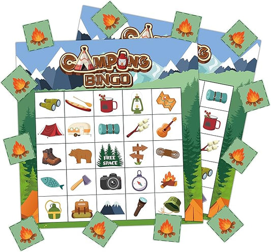41Pcs Camping Bingo Game Cards for Kids - Camp Adventure Party Games with 24 Players - Jungle Bingo Cards Chips for Kids Family Travel Indoor Outdoor Activities School Classroom Birthday Supplies